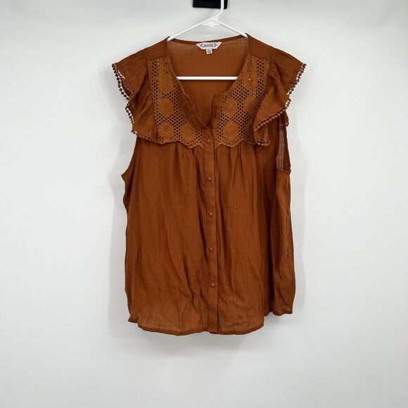 Nanette Lepore Rust Blouse XL Ruffle Crochet Flutter Boho Festival Hippie - Picture 2 of 8